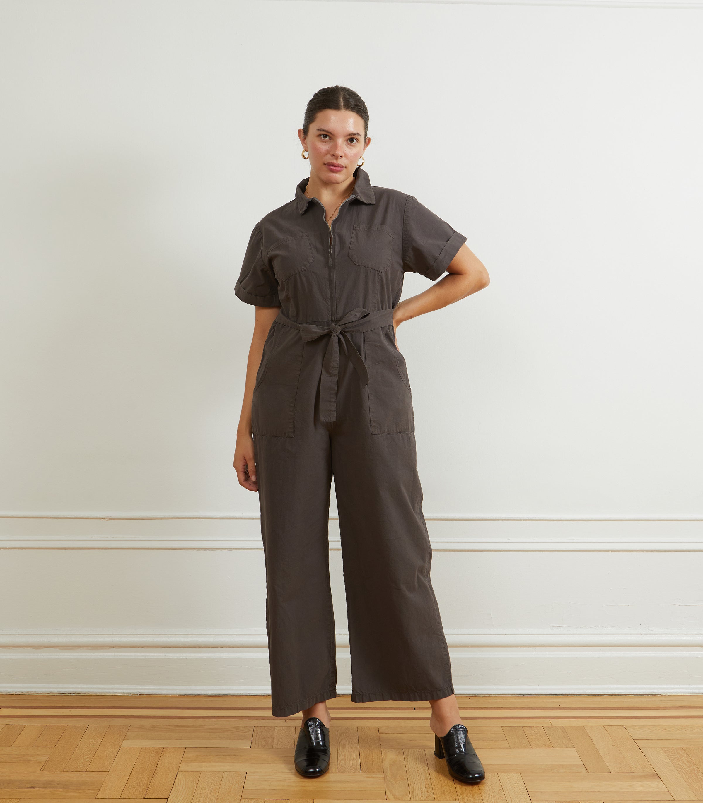 Poppy Short Sleeve Utility Jumpsuit- Espresso