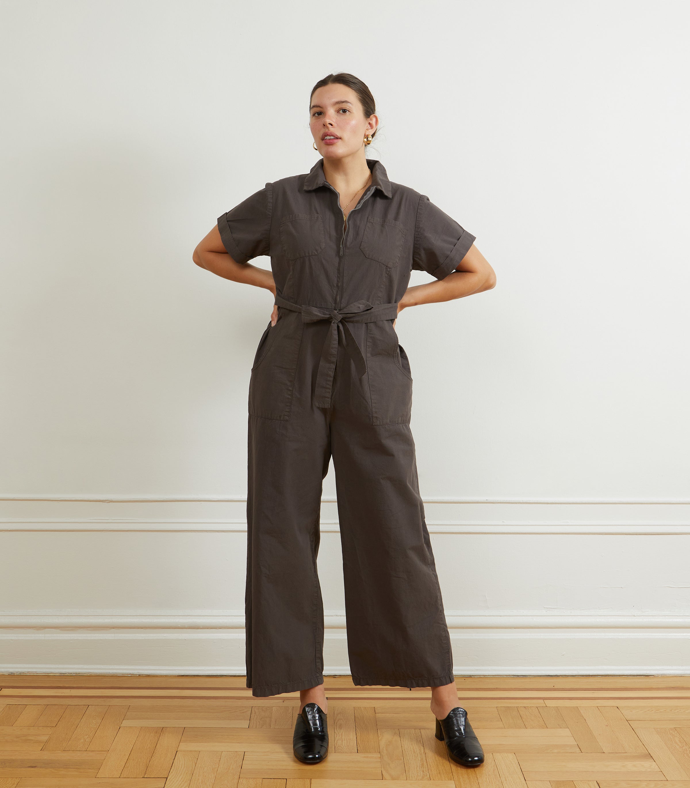 Poppy Short Sleeve Utility Jumpsuit- Espresso | LOUP