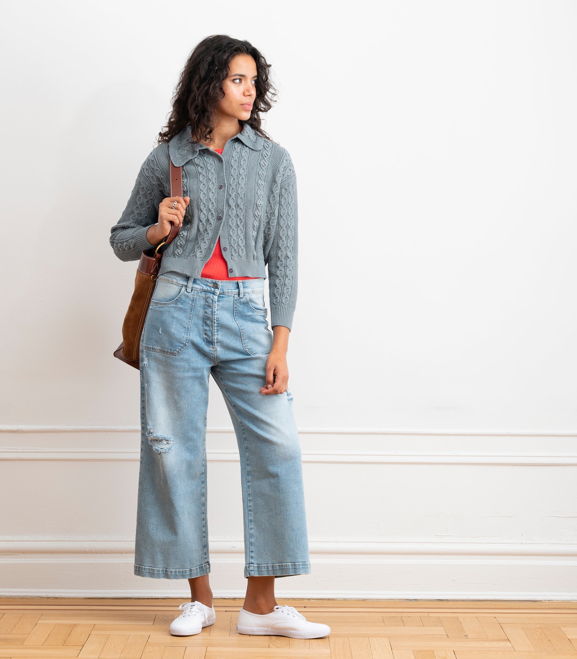 Michelle Cable-Knit Collar Cardigan - Gray