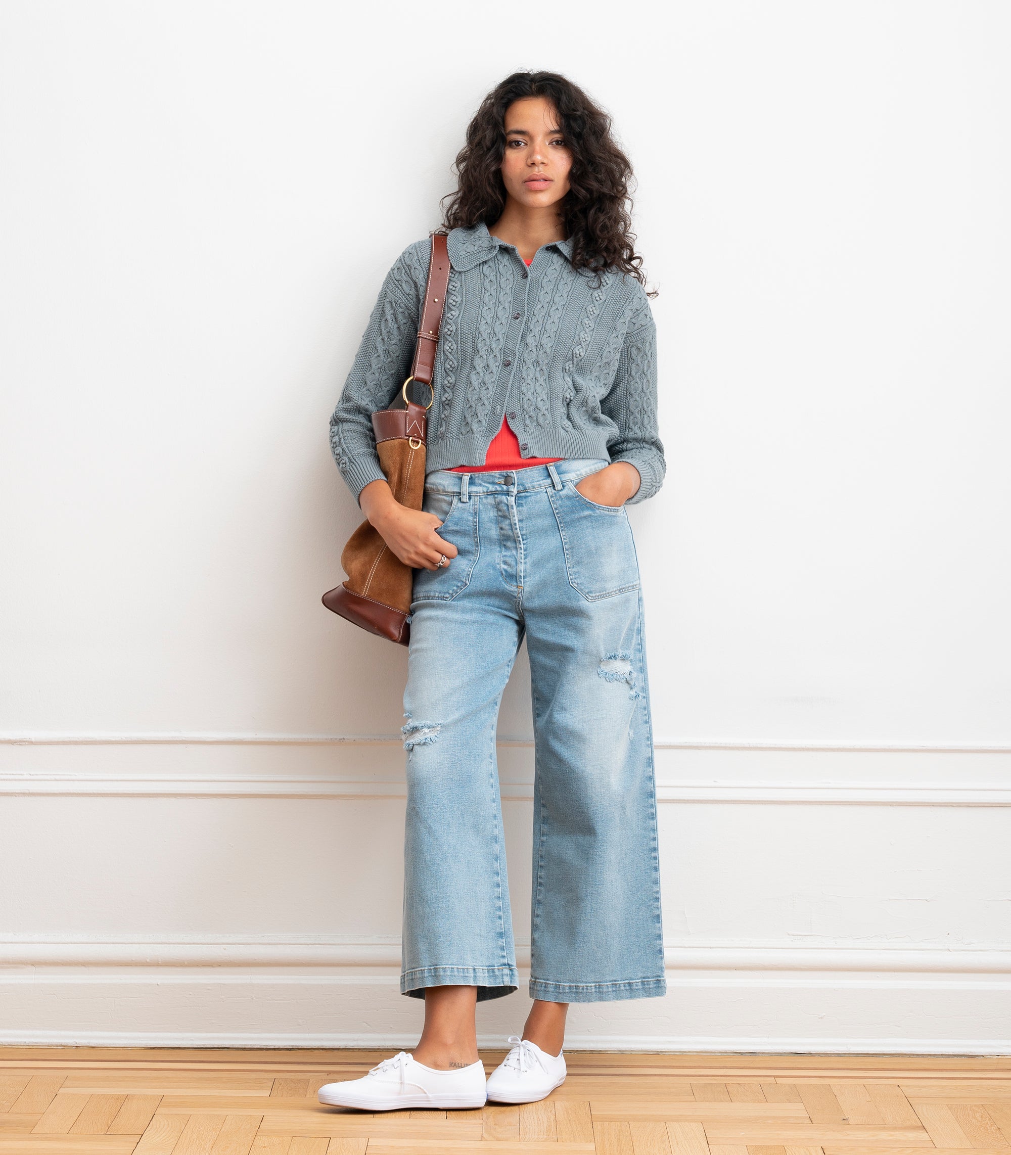 Michelle Cable-Knit Collar Cardigan - Gray