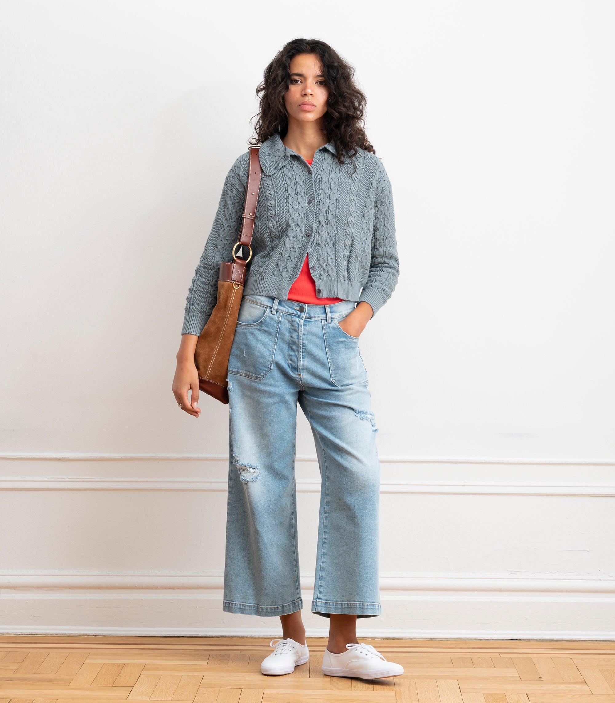 Michelle Cable-Knit Collar Cardigan - Gray