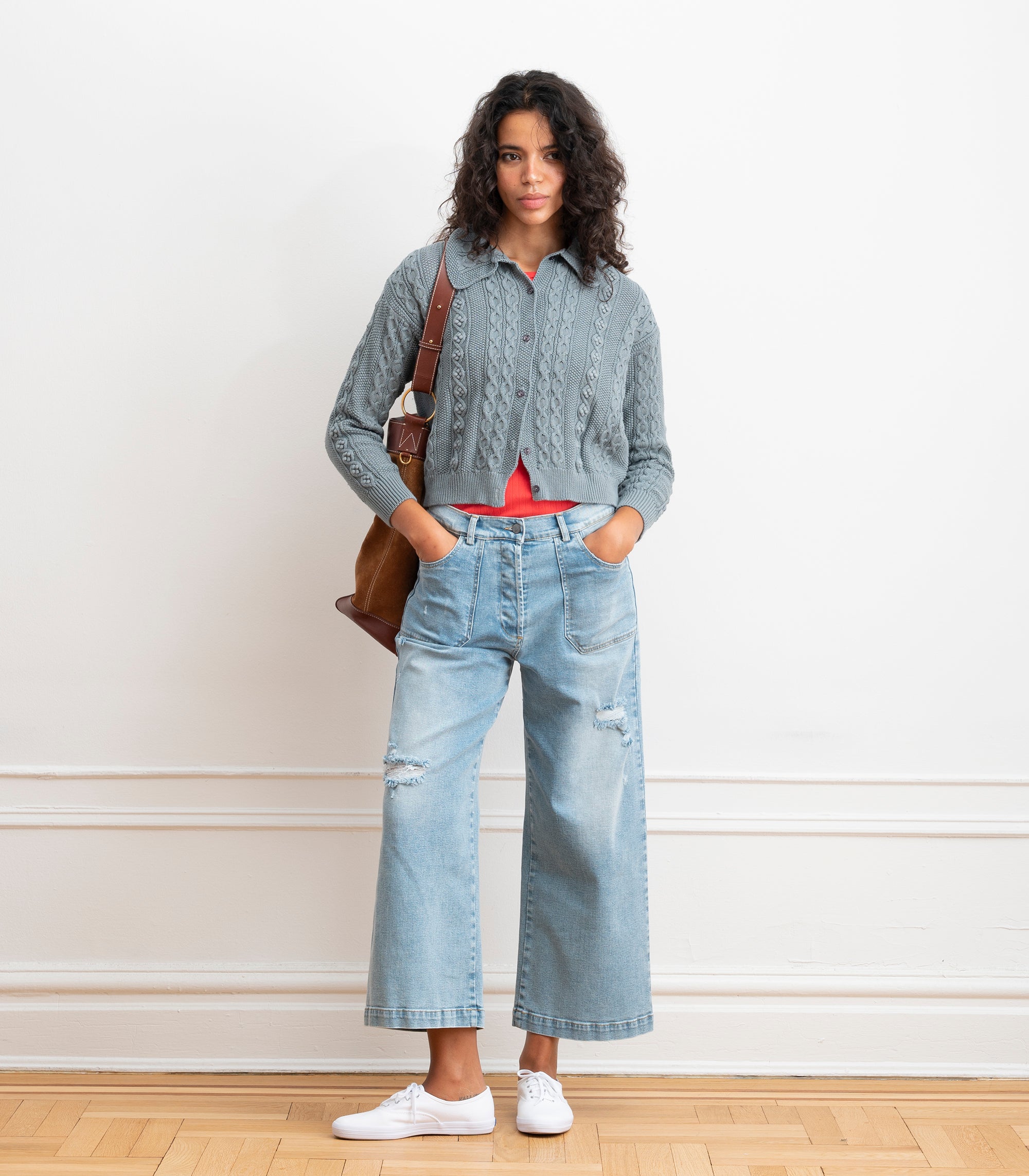 Michelle Cable-Knit Collar Cardigan - Gray