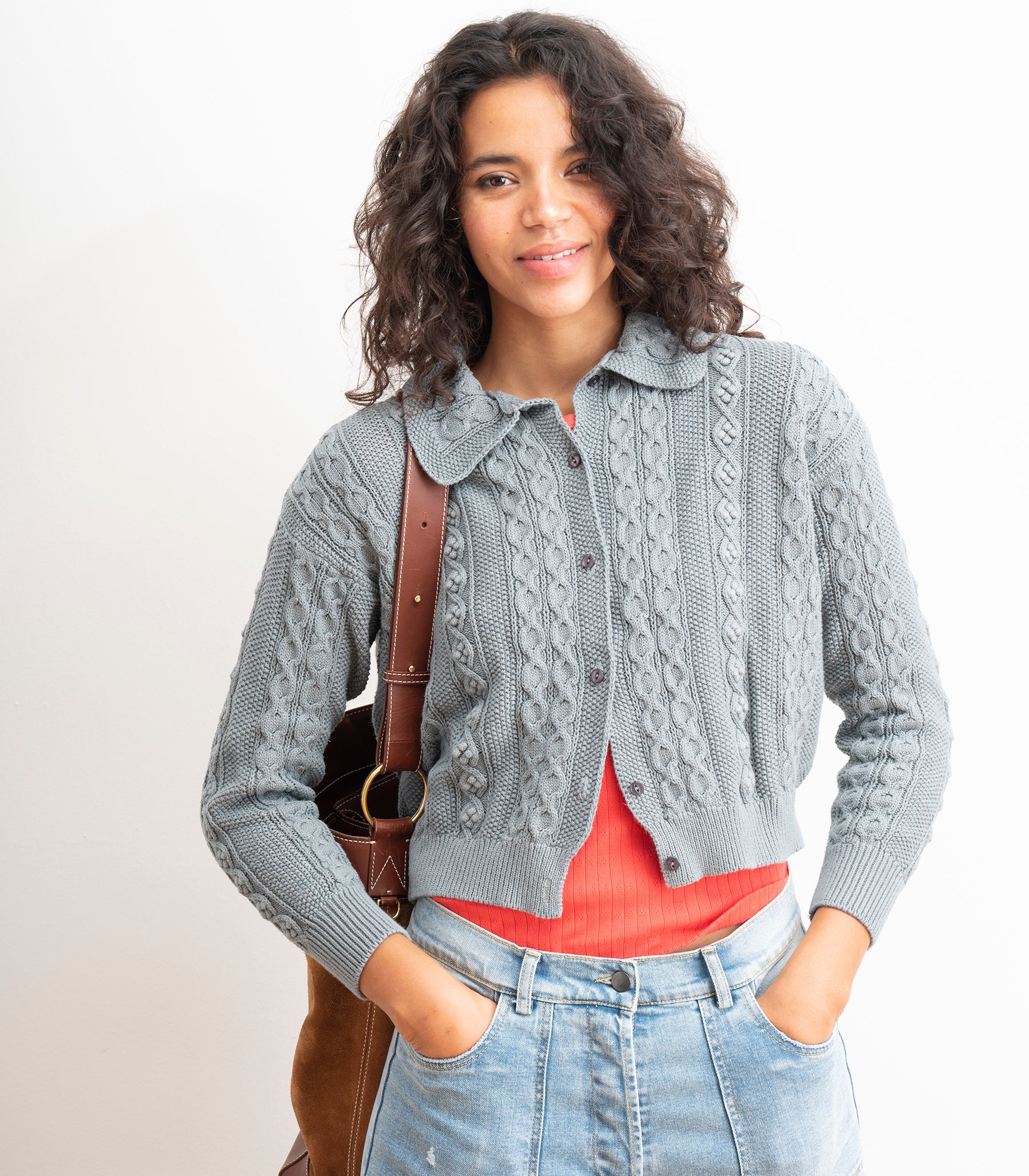 Michelle Cable-Knit Collar Cardigan - Gray