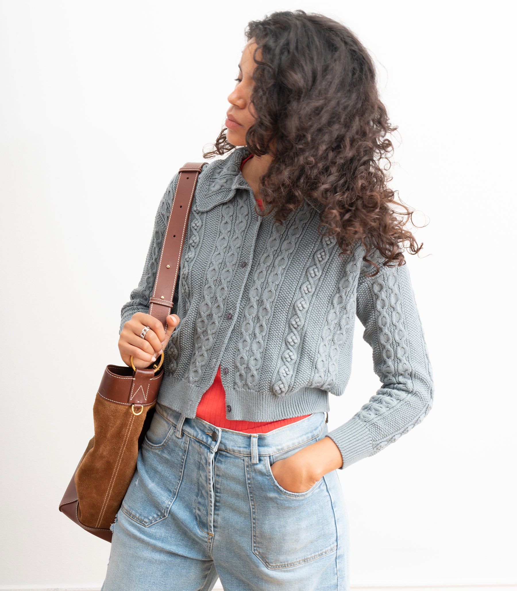 Michelle Cable-Knit Collar Cardigan - Gray