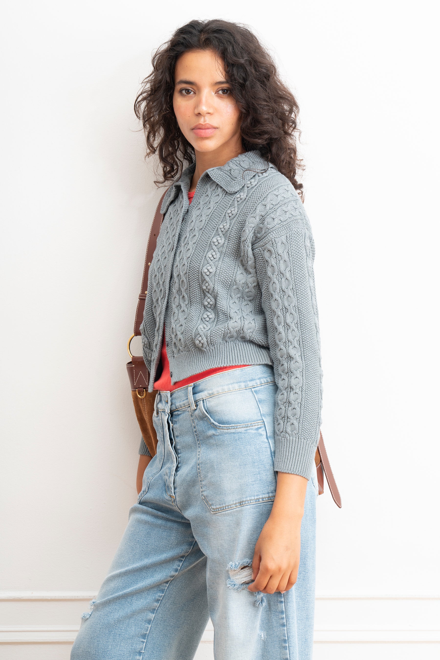 Michelle Cable-Knit Collar Cardigan - Gray