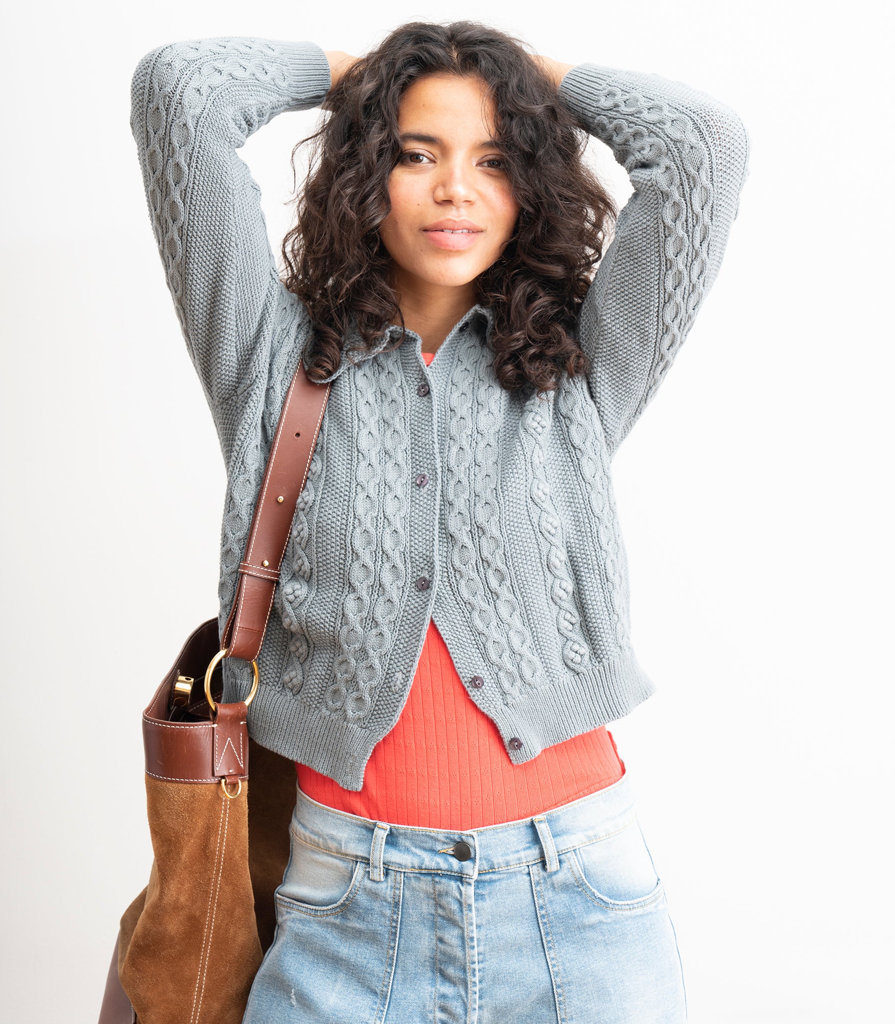 Michelle Cable-Knit Collar Cardigan - Gray