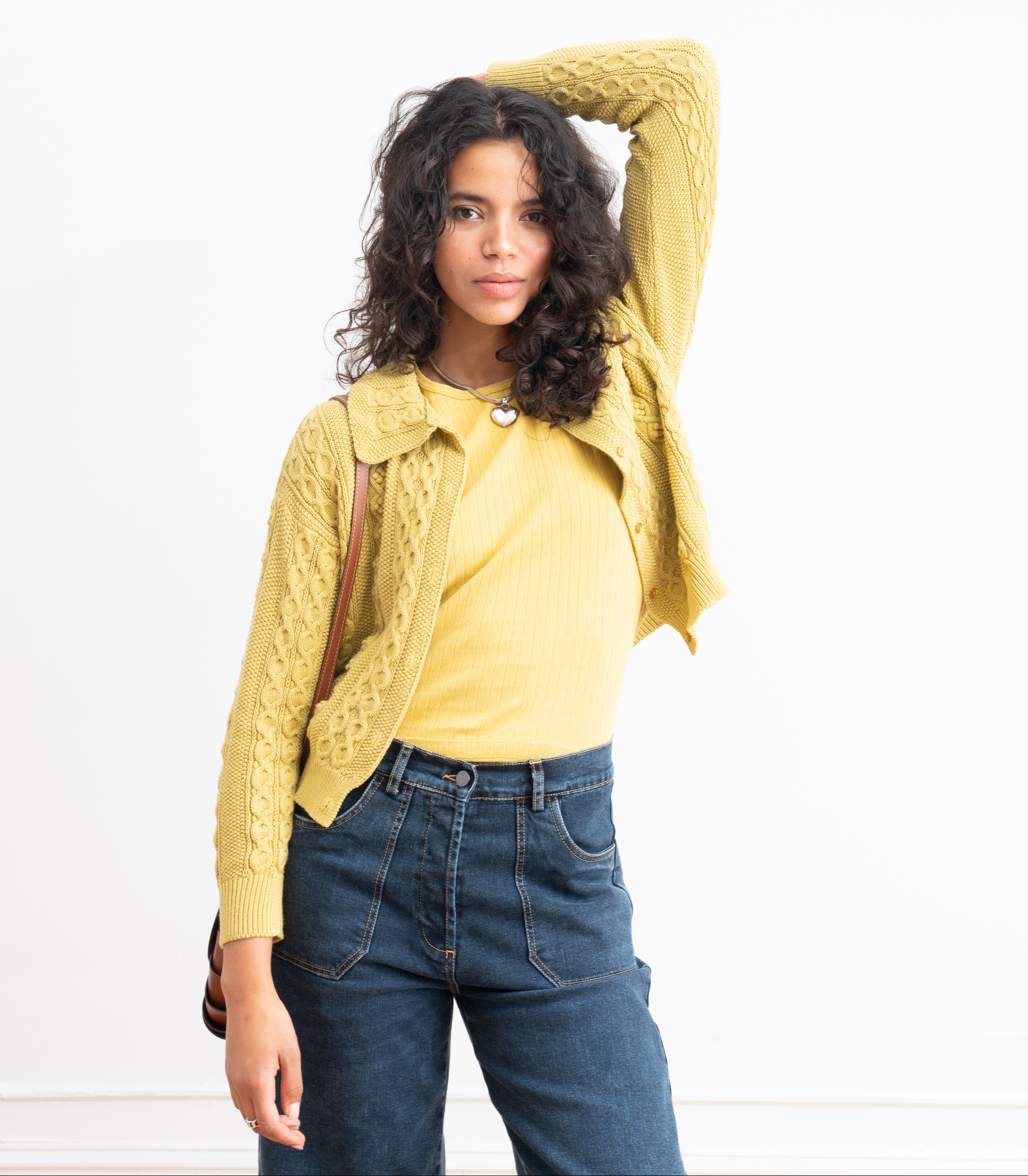 Michelle Cable-Knit Collar Cardigan - Pear