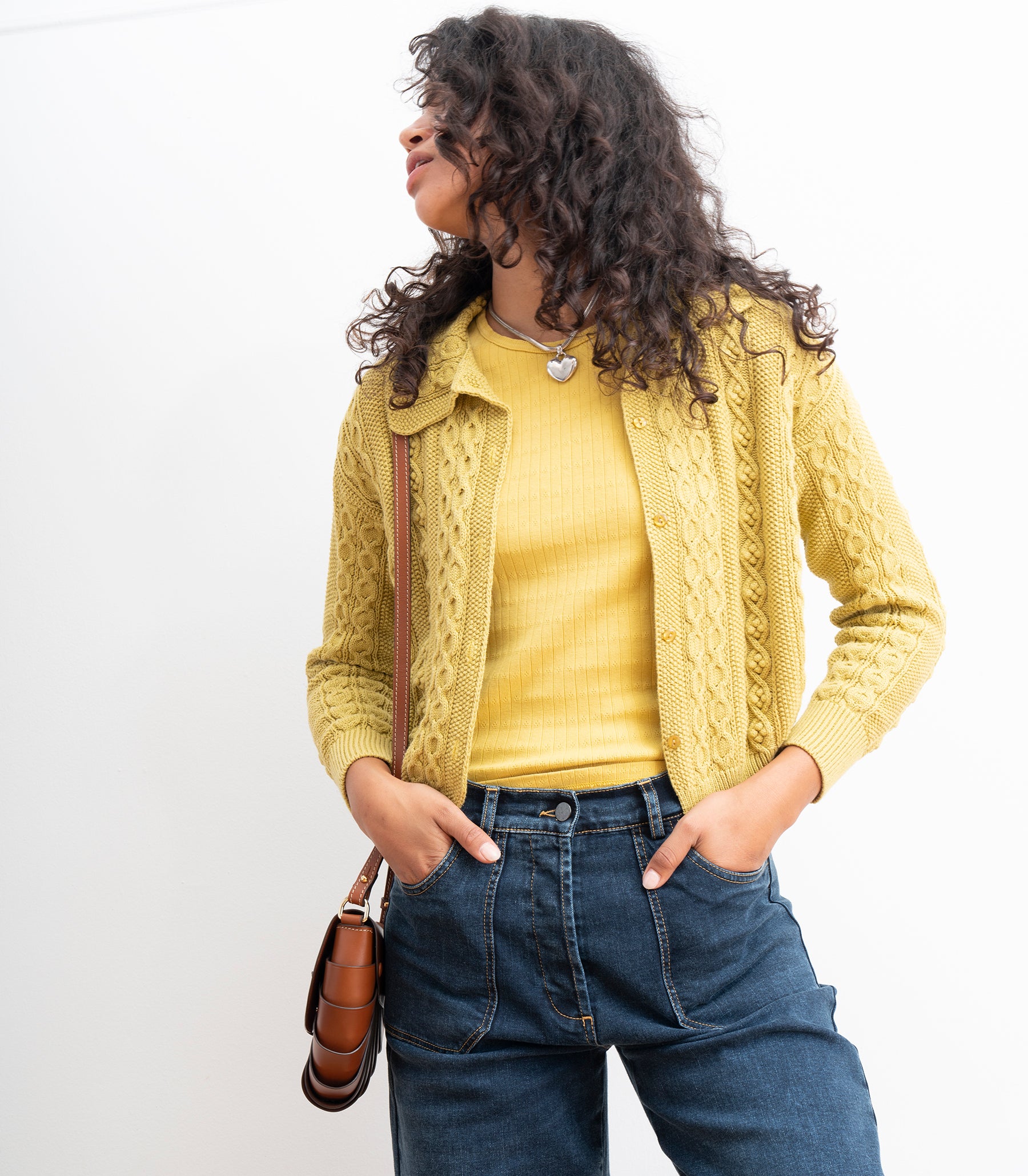 Michelle Cable-Knit Collar Cardigan - Pear