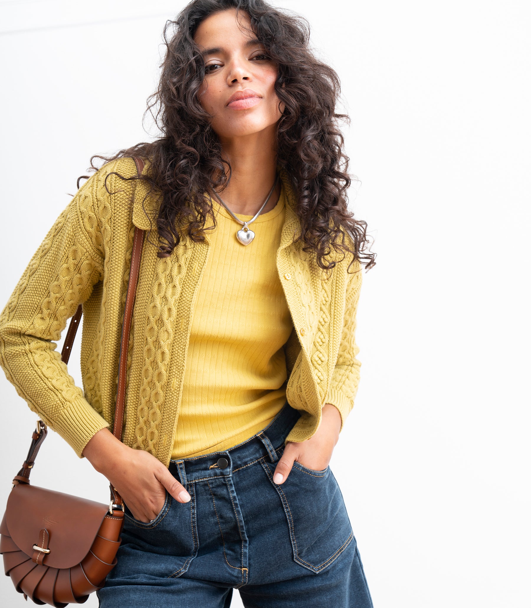 Michelle Cable-Knit Collar Cardigan - Pear