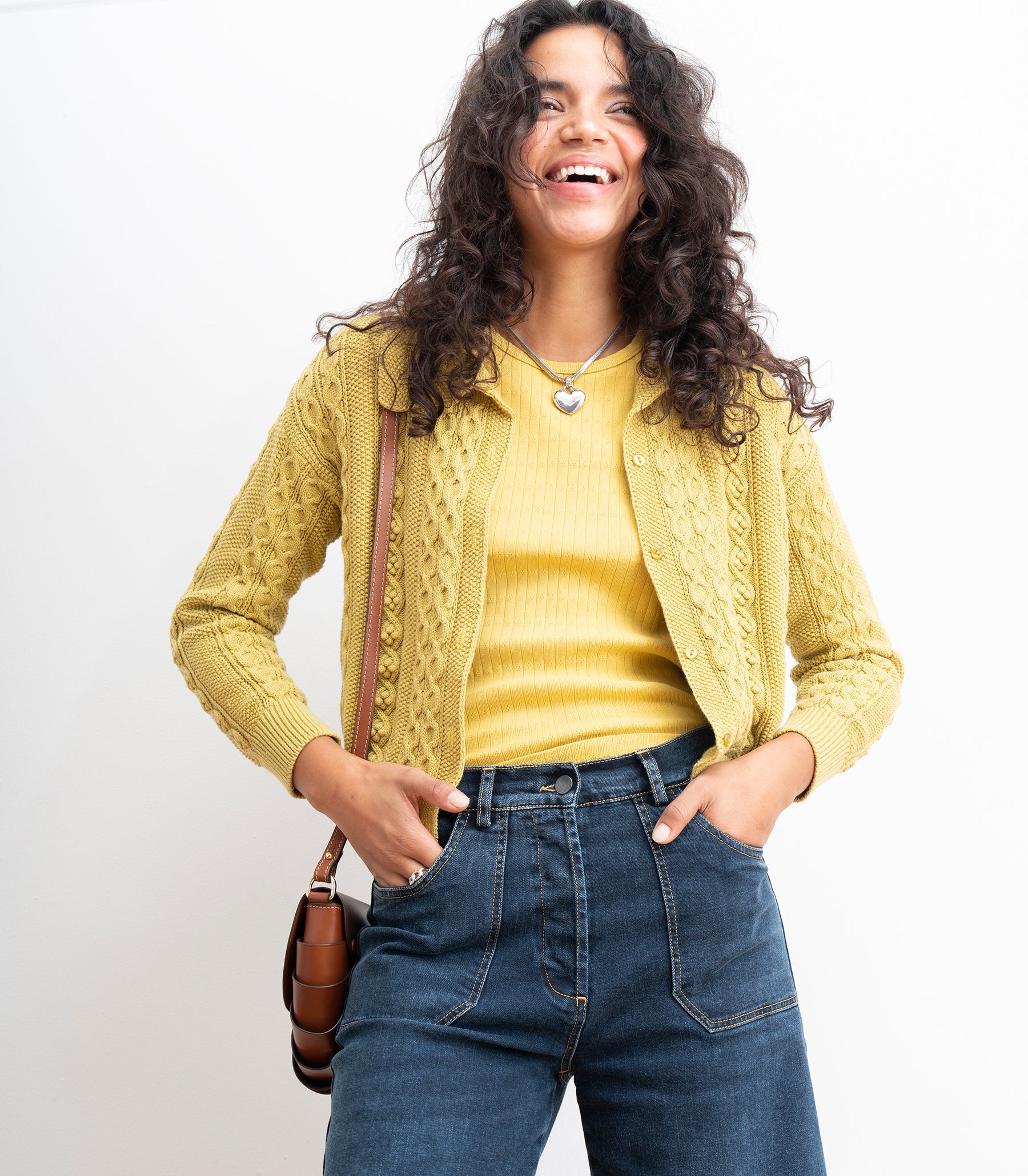 Michelle Cable-Knit Collar Cardigan - Pear