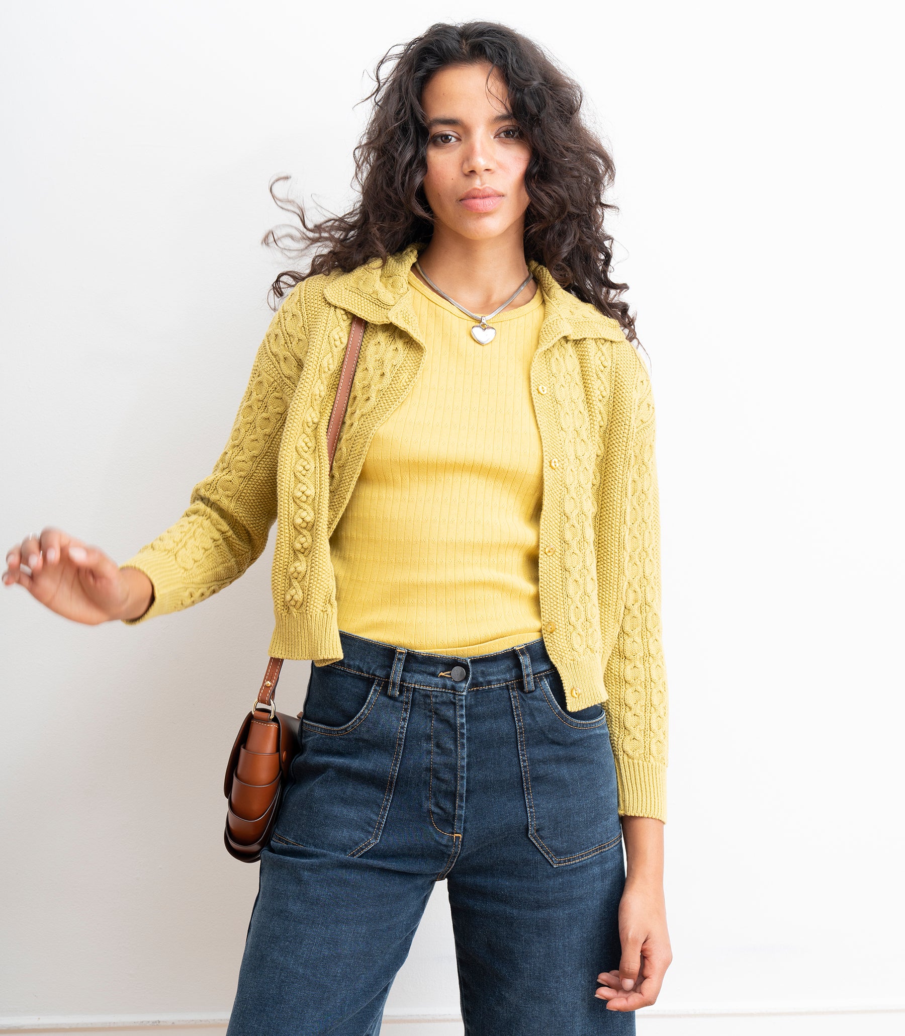 Michelle Cable-Knit Collar Cardigan - Pear