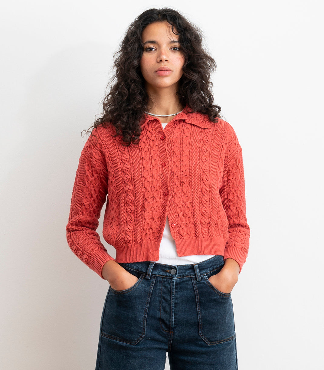 Michelle Cable-Knit Collar Cardigan - Strawberry SS26