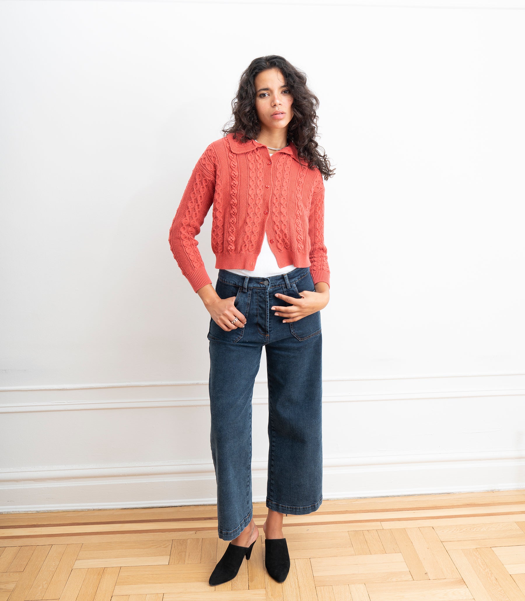 Michelle Cable-Knit Collar Cardigan - Strawberry SS26