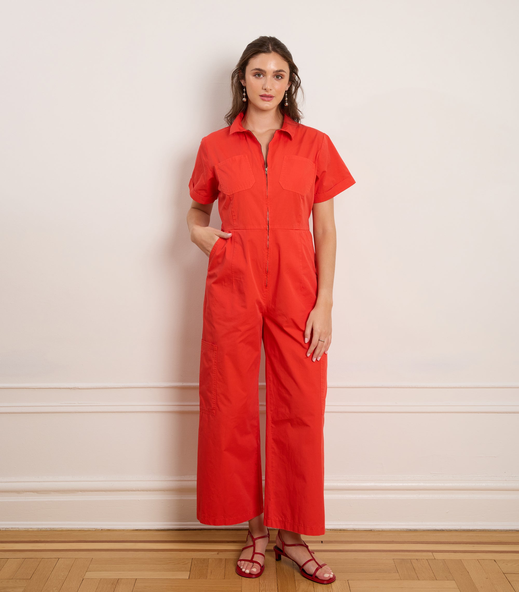 Bella Short Sleeve Cargo Jumpsuit - Tomato