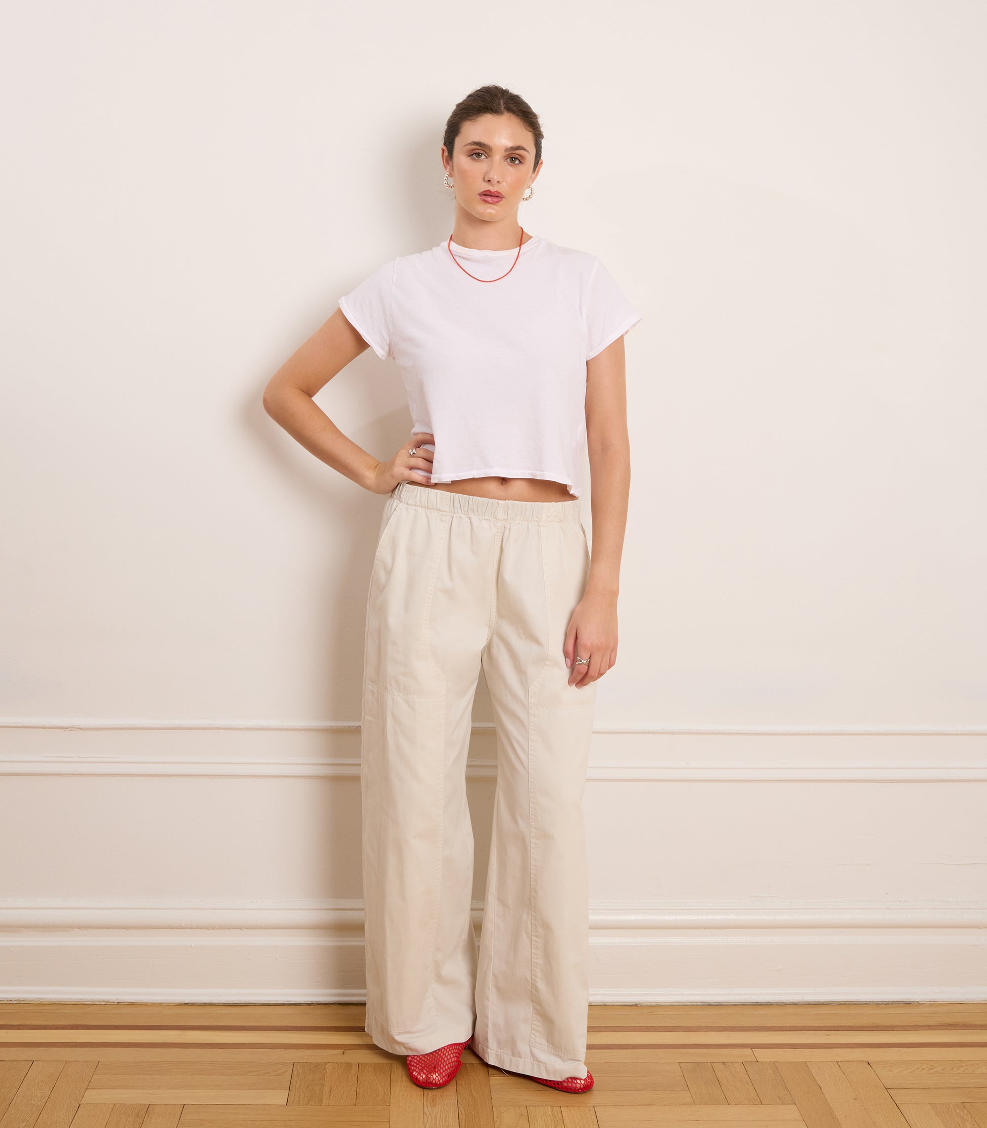 パンツ ella selectshop waist rib pants (cream) Cream Rachel Elastic Waist Carpenter Pants - Soft cotton | LOUP