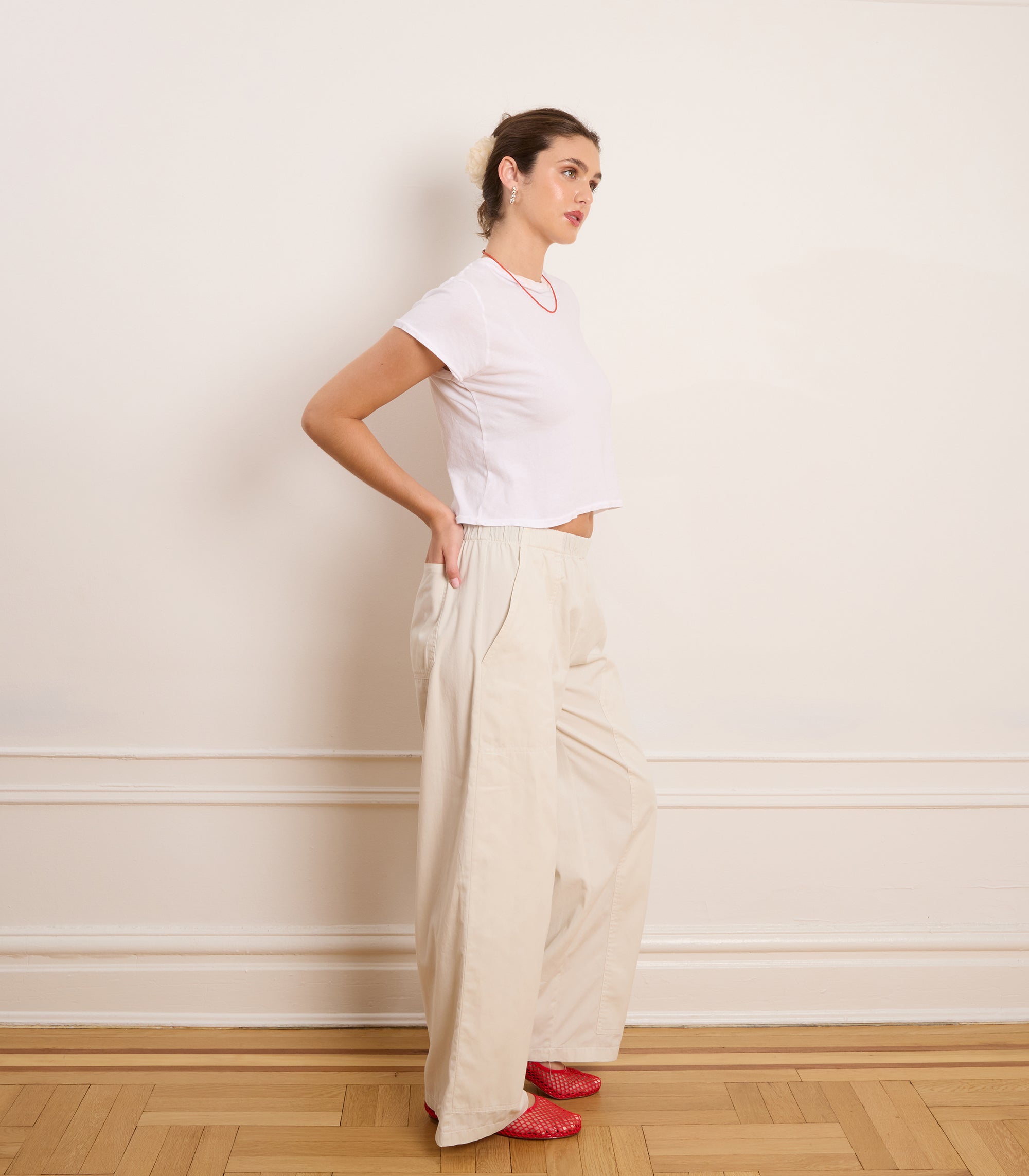 Cream Rachel Elastic Waist Carpenter Pants - Soft cotton | LOUP