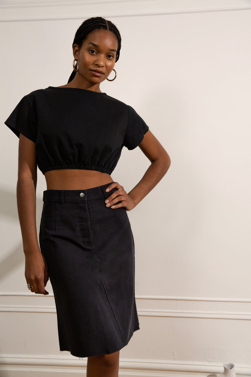 Isla Washed Black Denim Midi Skirt – Beginning Boutique US