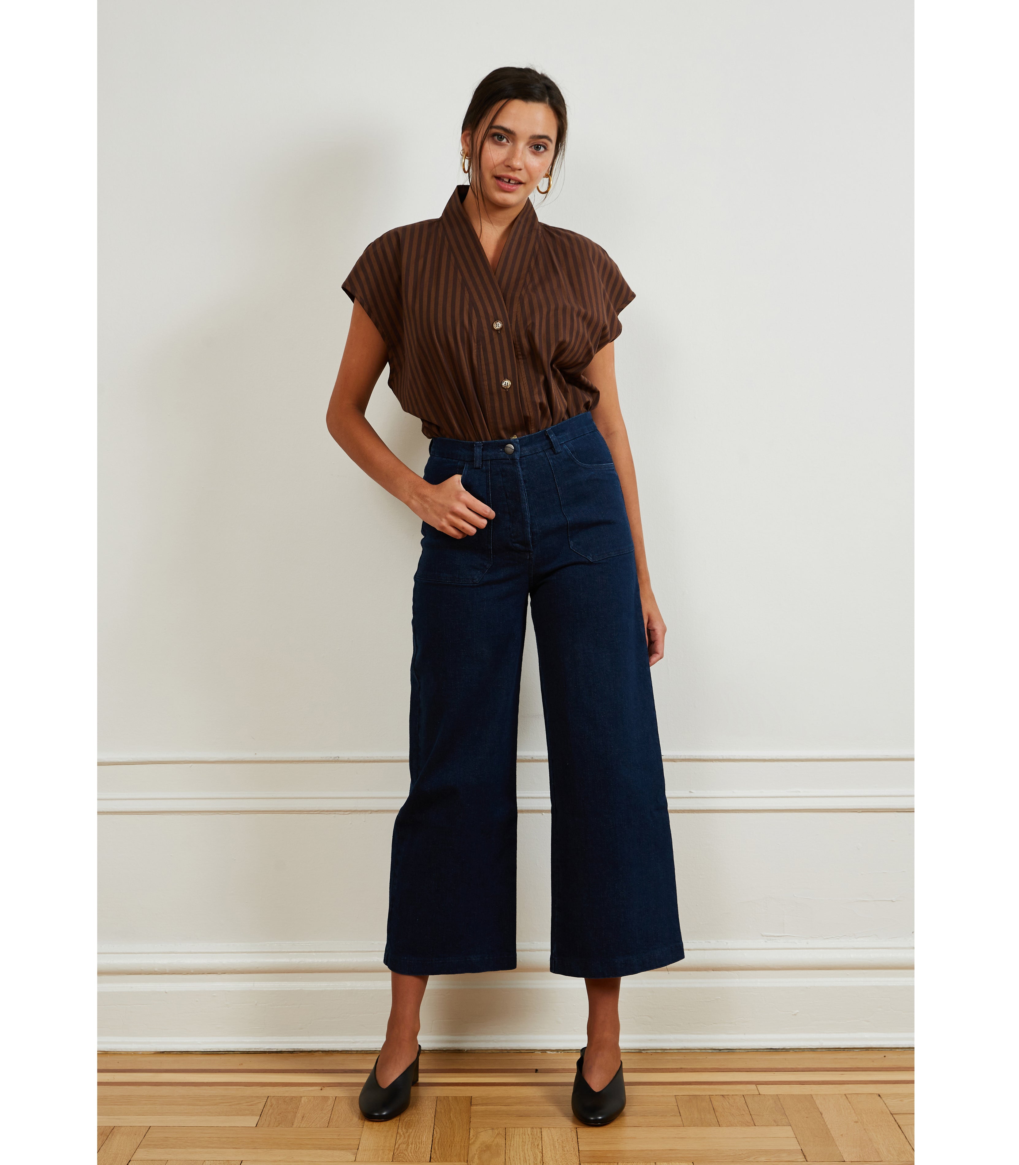 Dark Indigo Simone Jeans & Brown Stripe SIenna Top | Loup