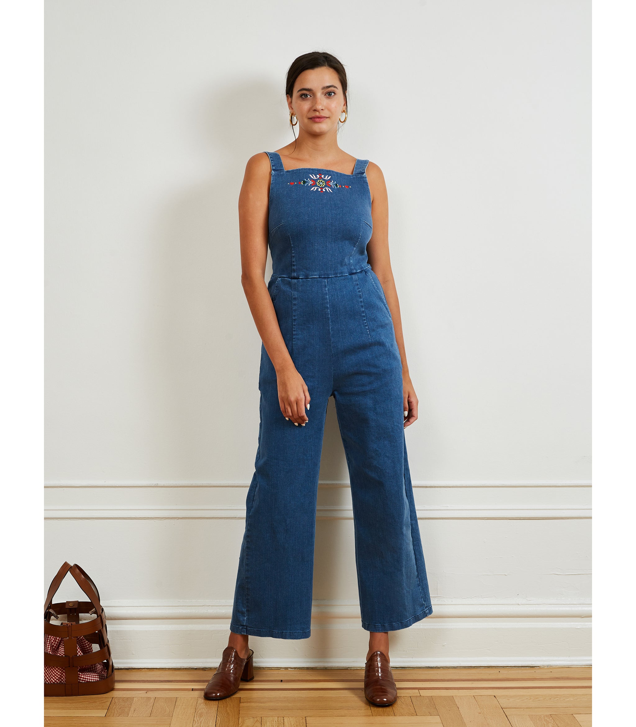 Brenda Square Neck Wide Leg Jumpsuit - Embroidered