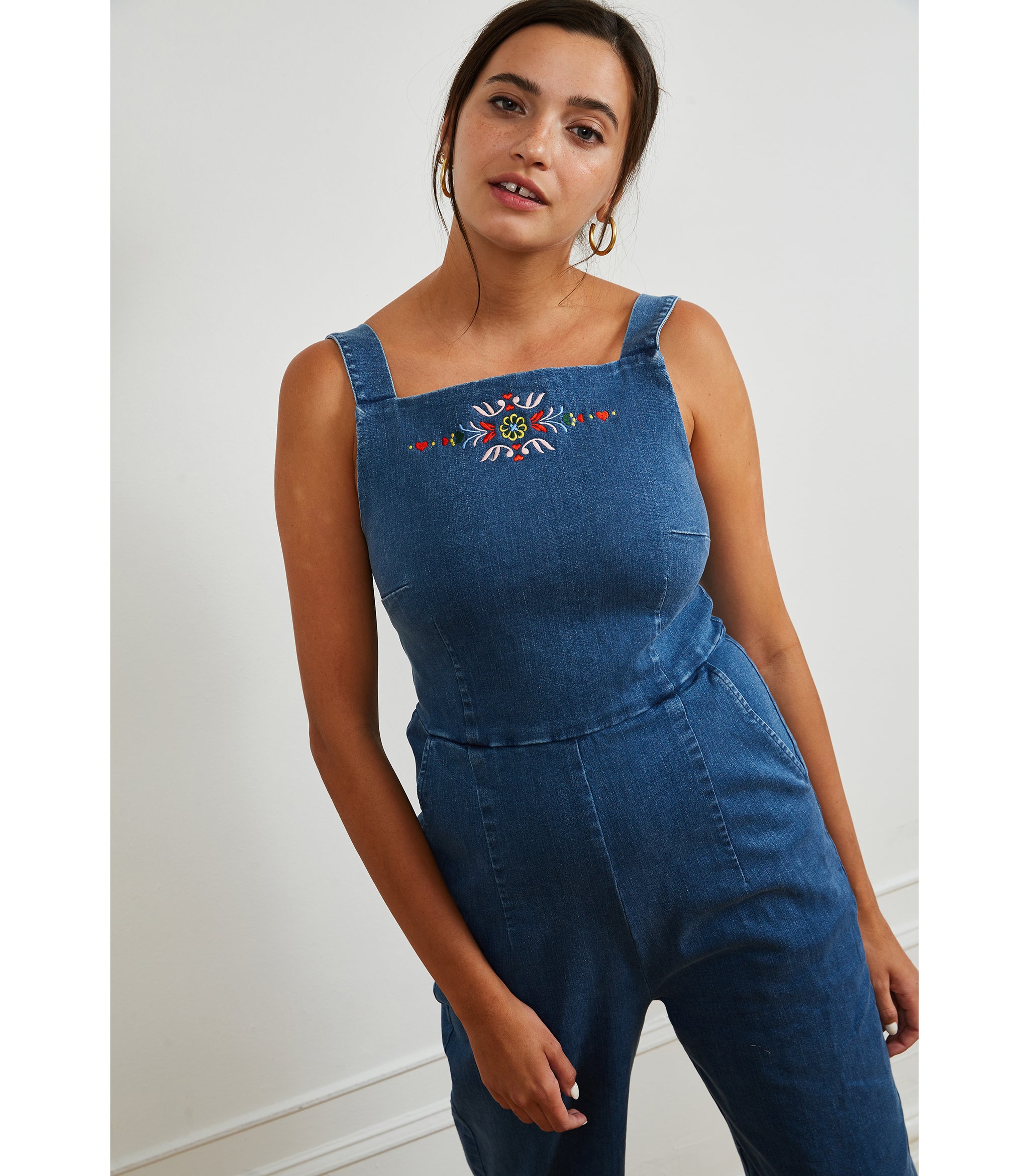 Brenda Square Neck Wide Leg Jumpsuit - Embroidered