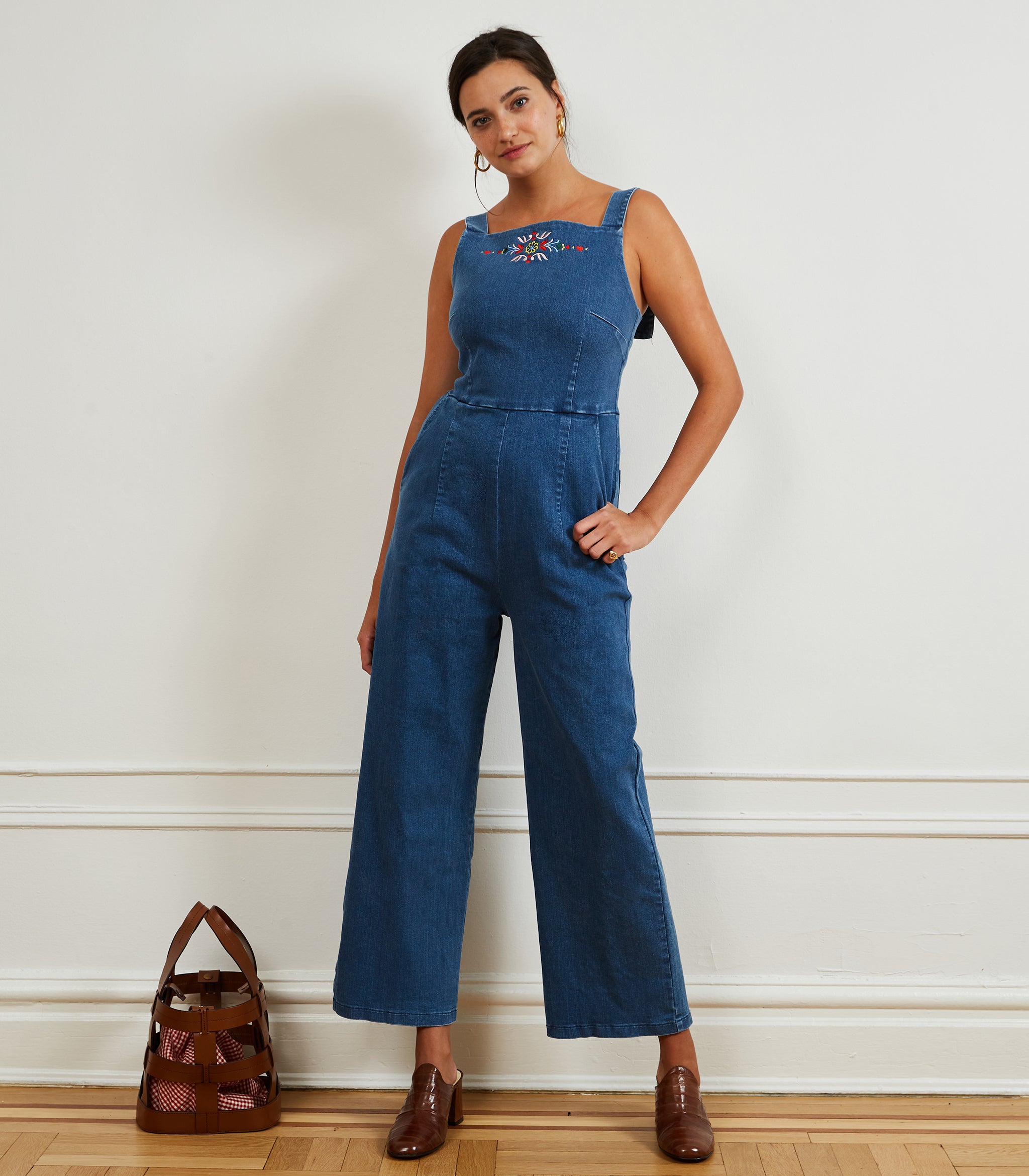 Brenda Square Neck Wide Leg Jumpsuit - Embroidered