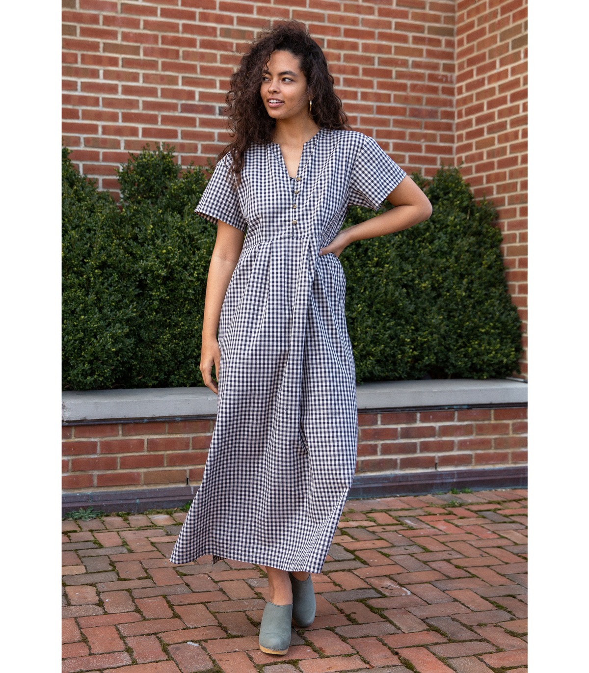 Iris Maxi Dress in Navy & Cream Gingham Print | Loup