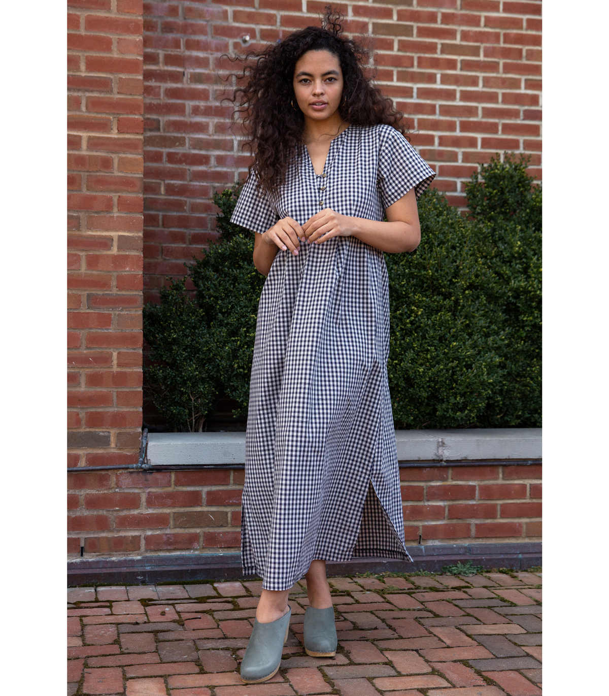 Iris Maxi Dress in Navy & Cream Gingham Print | Loup