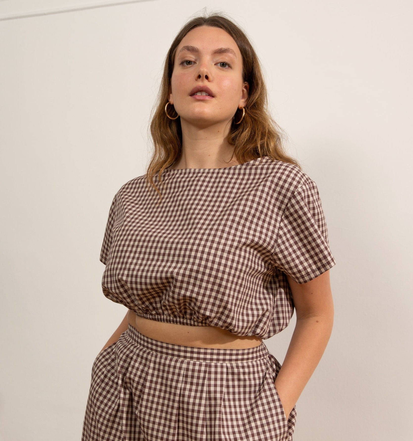 Ivy Crop Top in Brown & Cream Gingham Print | Loup