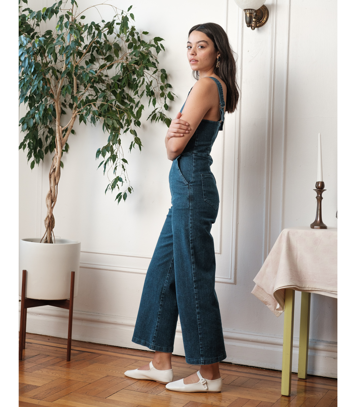 Brenda Square Neck Wide Leg Jumpsuit - Washed Indigo