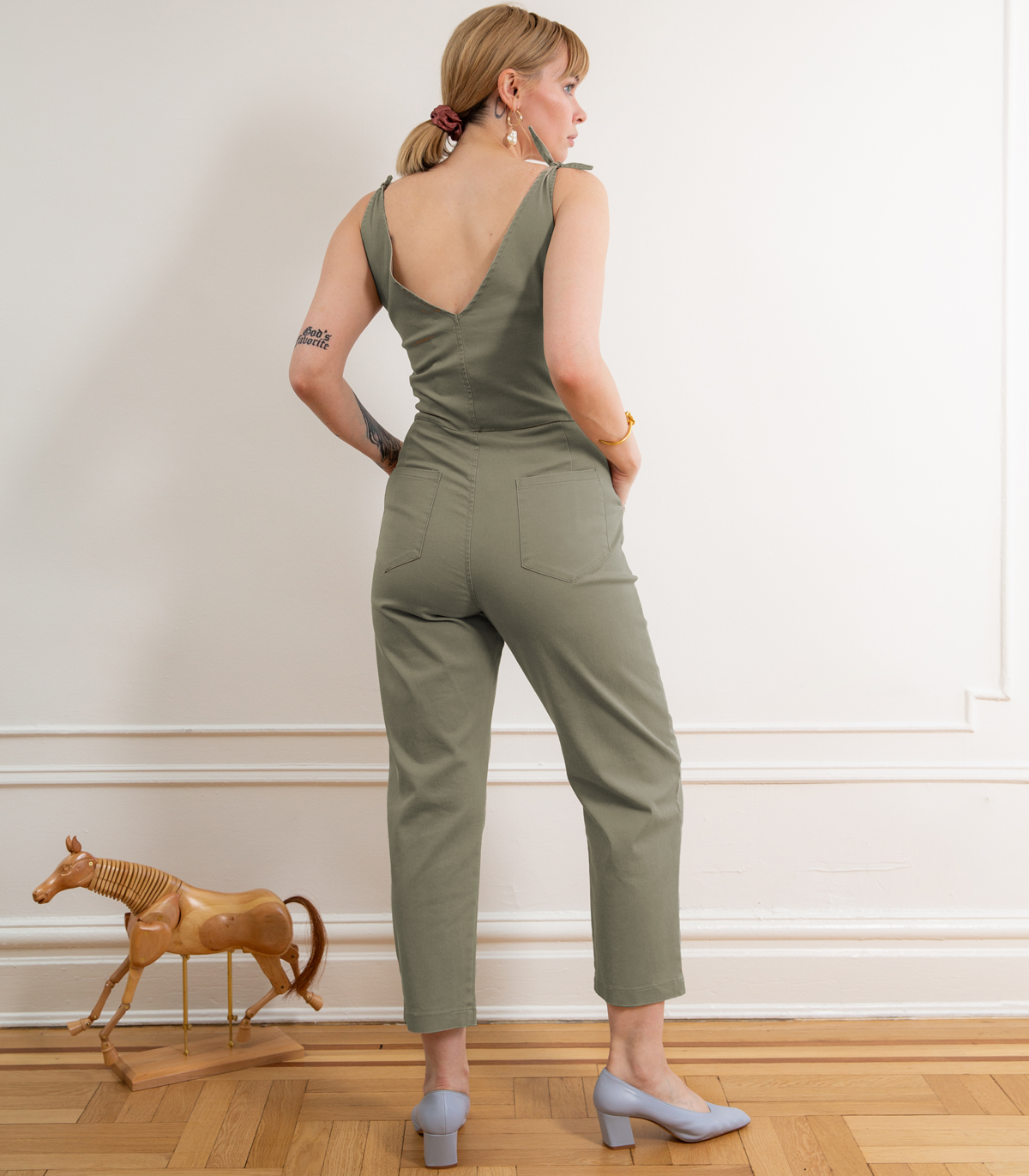 Slate Tie Strap Coveralls - Sage SAMPLE SALE