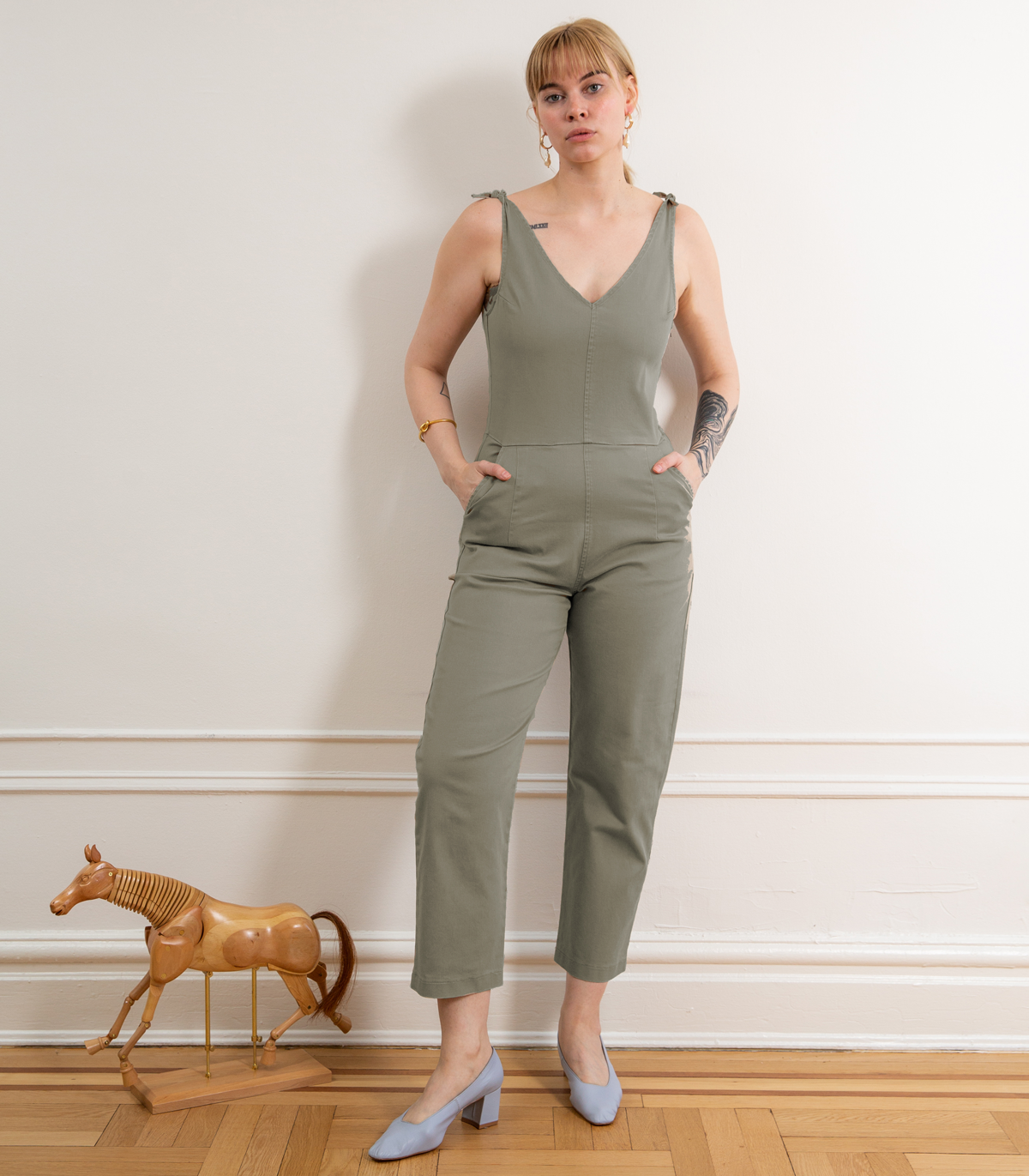 Slate Tie Strap Coveralls - Sage SAMPLE SALE