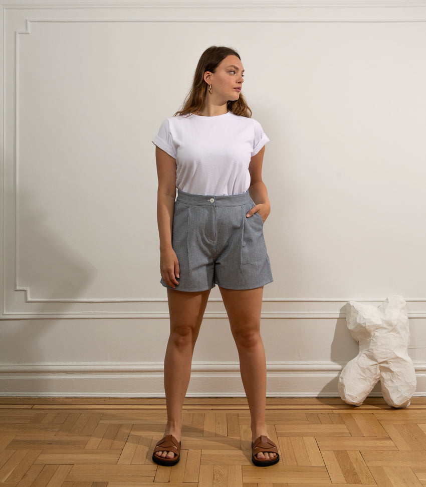 Pleated Margo Shorts in Blue and White Stripe Cotton | Loup