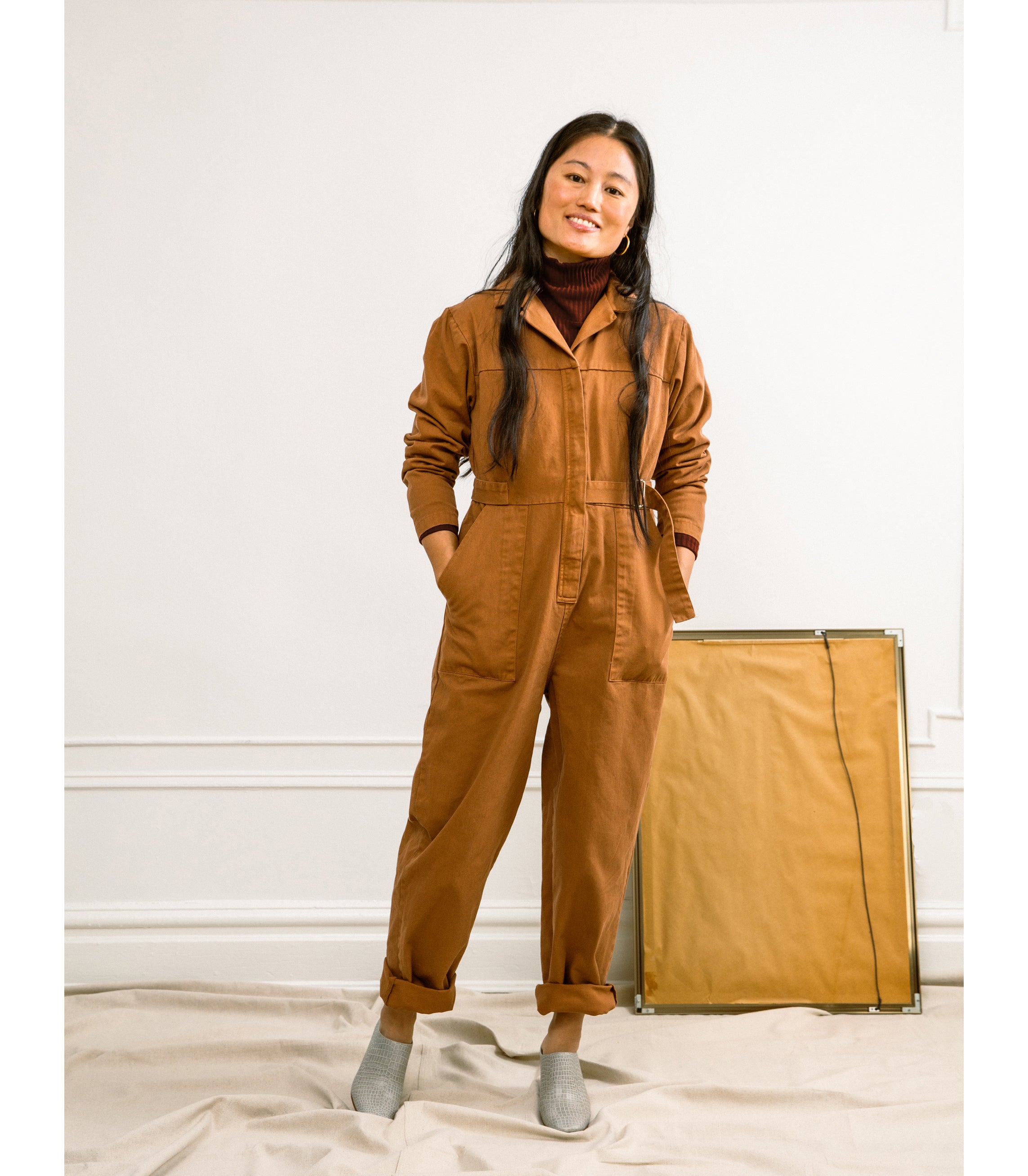 Wallis Long Sleeve Zip Jumpsuit - Tan SAMPLE SALE